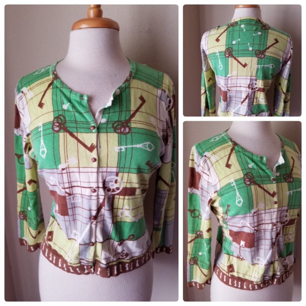 Cabi Green Key Print Button Up Cardigan Sweater - image 1